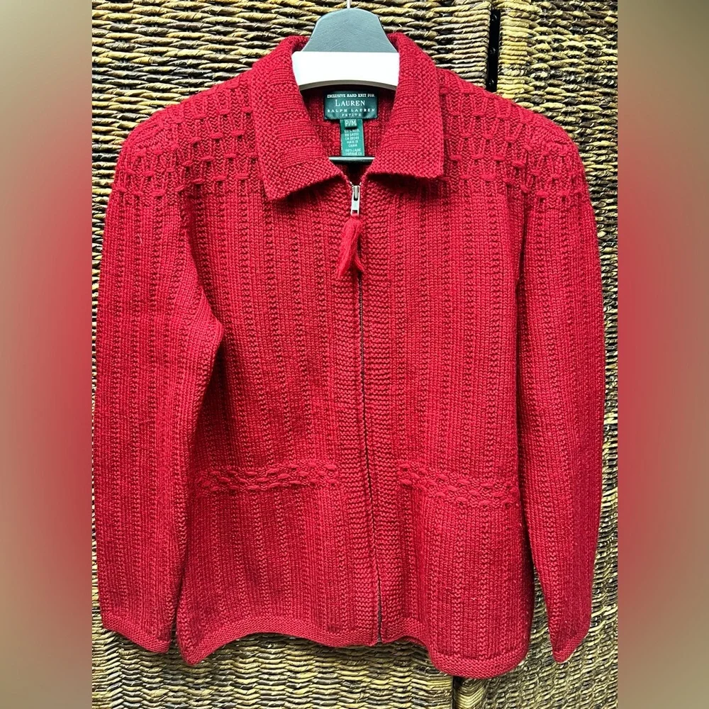 Lauren Ralph Lauren-Red Women’s Hand knit full zip sweater, Size: Petite Medium‎